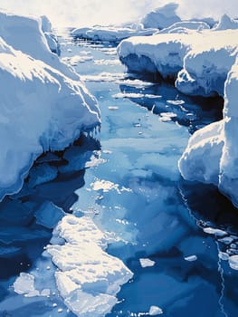 A painting depicting a stream of water flowing through a frozen landscape surrounded by ice.