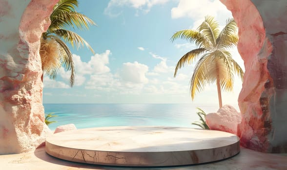 A podium overlooking the ocean with palm trees swaying in the breeze. Enjoy the view of the water, sky, clouds, and coastal landscapes for a leisurely travel experience