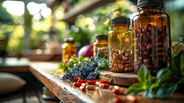 Vitamin capsules in a jar on the table. Vitamin tablets .