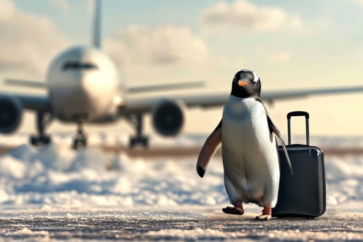 penguin on vacation with a suitcase. Generative Ai.