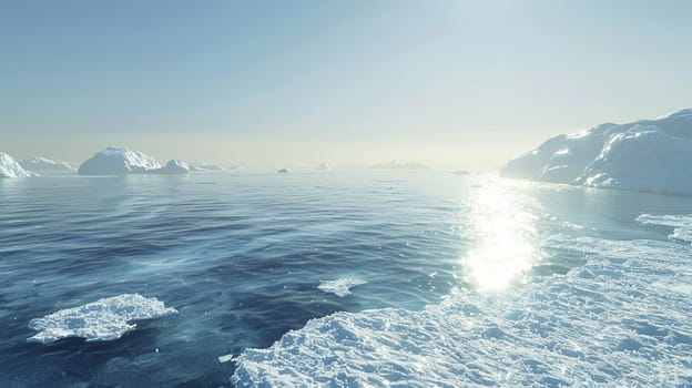 A vast body of water covered with icebergs and surrounded by snowy fields in the Arctic region.