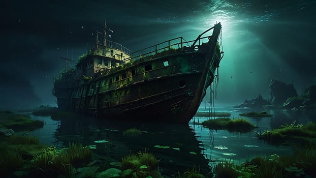 An old ship sits adrift in the middle of a vast body of water. Its weathered hull and masts stand out against the horizon, surrounded by nothing but the endless expanse of the sea.