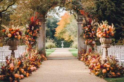 Wedding aisle, floral decor and marriage ceremony, autumnal flowers and decoration in the English countryside garden, autumn country style idea