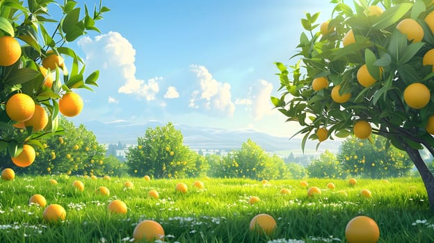 Under a sunny sky, orange trees bear fruit in a natural landscape. People enjoy the sight of oranges growing amidst green grass on a beautiful daytime