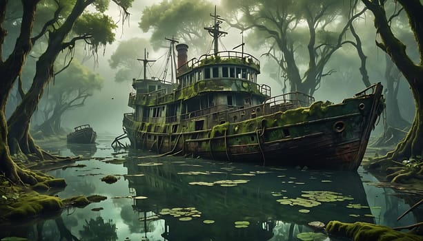 A painting depicting a small boat navigating through a murky swamp filled with tangled vegetation. The boats reflection is visible in the still water, conveying a sense of isolation and exploration in this unique ecosystem.