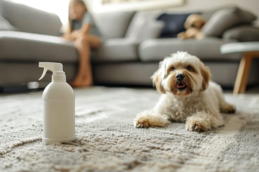 Cleaner spray bottle with a happy kid and dog. healthy hygiene concept. ai generative.