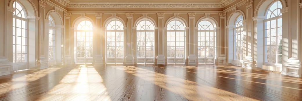 Vintage-style banquet hall with parquet flooring and expansive windows.