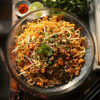 A delicious dish of noodles and vegetables served in a bowl on the table. This mixture of staple food ingredients creates a flavorful cuisine recipe