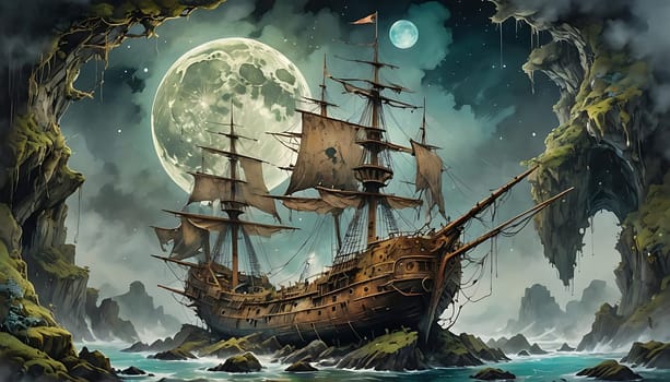 A detailed painting of a large pirate ship sailing on rough ocean waters, with dark storm clouds looming overhead. The ships black sails are billowing in the wind as it navigates through choppy waves.