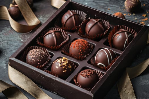 A detailed box of chocolate truffles with elegant ribbons sits on a table.