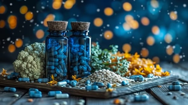 Vitamin capsules in a jar on the table. Vitamin tablets .