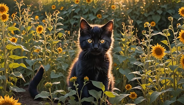 A black cat with yellow eyes sits in a vibrant field of sunflowers. The cat looks around, surrounded by the tall sunflower stalks under a clear sky.