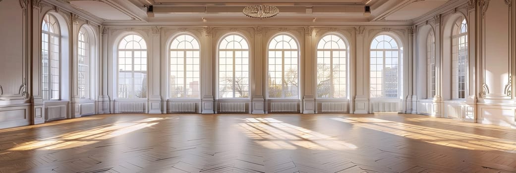 Big empty room in light colors with multiple windows, vintage-style chandelier, and parquet floor.