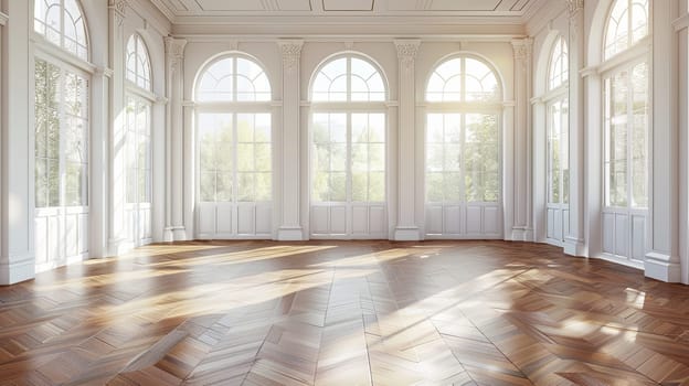 An empty banquet hall with vintage wooden floors and large windows letting in natural light.