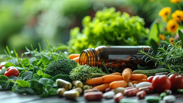 Various vegetables, seeds and fruits, vitamins in the background . Healthy Diet. Biohacking.