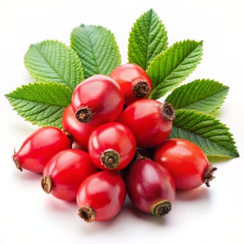 Rosehip berries with leaves isolated on a white background. Ai generated image