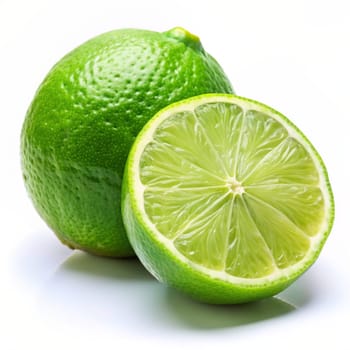 Green lime with cut in half and slices isolated on white background. Ai generated image