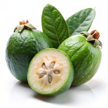 Whole and cut feijoa fruits on white background. Ai generated image