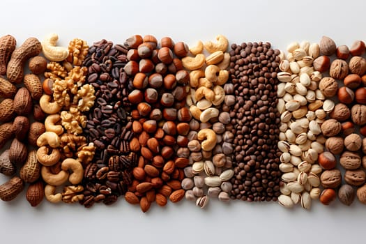 An assortment of nuts are neatly arranged in a row on a table. These natural foods are packed with nutrients and make a great ingredient in various cuisines