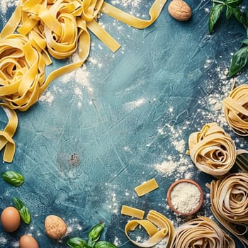 Pasta recipe preparation flatlay background with ingredients, spaghetti, olive oil, garlic, tomatoes and spices in the kitchen, homemade food recipe idea