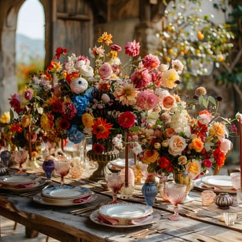 The table is beautifully decorated with colorful flowers in vases, elegant tableware, and flickering candles, creating a stunning floral arrangement