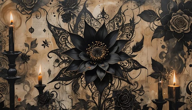 A wall adorned with a row of flickering candles, casting a warm glow, with a single delicate flower placed among them. The soft light highlights the textured surface of the wall and the natural beauty of the flower.