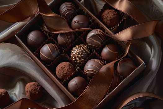 A sophisticated box of chocolate truffles adorned with a ribbon, featuring rich dark colors and high attention to detail.