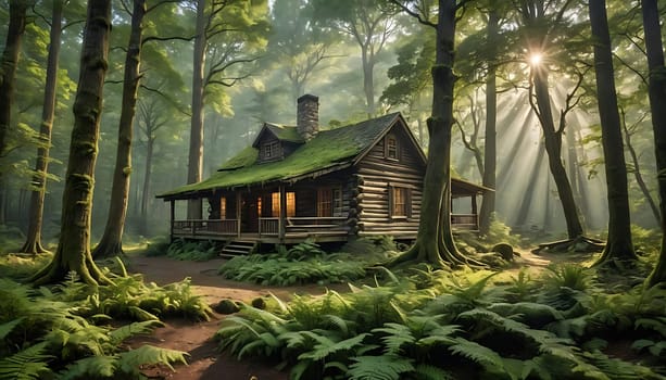 A cabin surrounded by tall trees in the forest stands with a green roof under the clear sky, blending seamlessly with the natural environment.