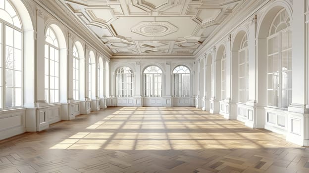 A vintage-style banquet hall with a parquet floor and numerous large windows.