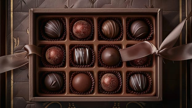 Elegant box of chocolate truffles adorned with a ribbon, showcasing high detail and rich dark colors.