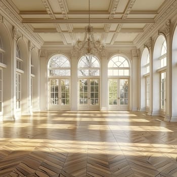 Spacious room with numerous windows, chandelier hanging from the ceiling, vintage decor, and a parquet floor.