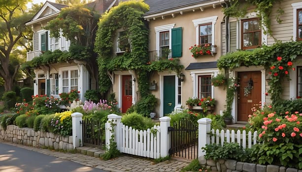 The image shows a row of houses lined up next to each other, with colorful flowers growing on their exterior walls. The flowers add a vibrant touch to the buildings, creating a unique and picturesque sight.