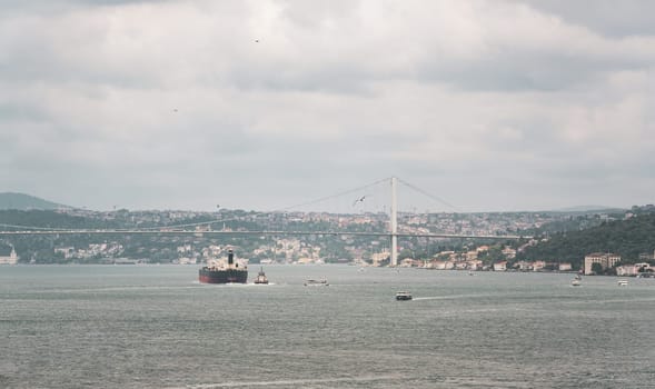 Aerial view of the Bosphorus and the Bosphorus Bridge on a cloudy Istanbul day