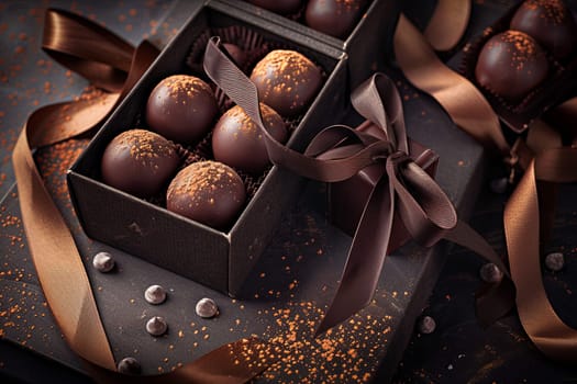 Elegant box of chocolate truffles wrapped with a ribbon, showcasing high detail and rich dark colors.
