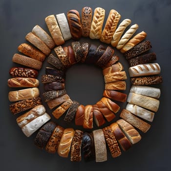 A diverse array of baked goods is artistically arranged in a circle, showcasing symmetry and beauty akin to a piece of jewellery or fashion accessory