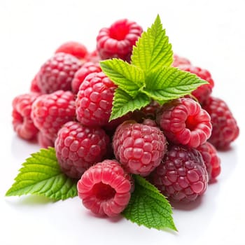 Raspberry with leaves. Raspberry isolated on white background. Ai generated image