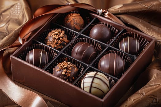 A luxurious box filled with chocolate truffles, elegantly decorated with ribbons, placed on top of a table.
