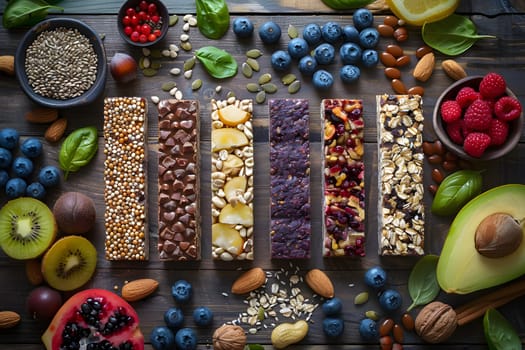 A picturesque wooden table displaying an array of natural foods like fruits, nuts, and granola bars, arranged in a creative artsy pattern