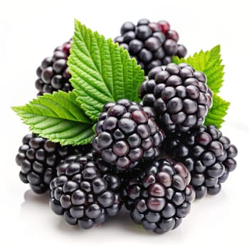 Blackberries with green leaves isolated on a white background. Ai generated image