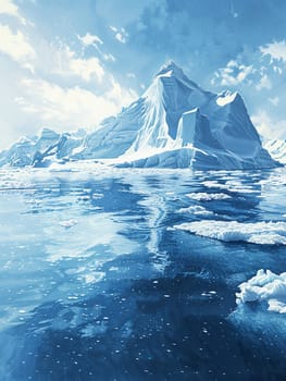 A large iceberg drifts in the open ocean, showcasing its immense size and unique texture against the water.