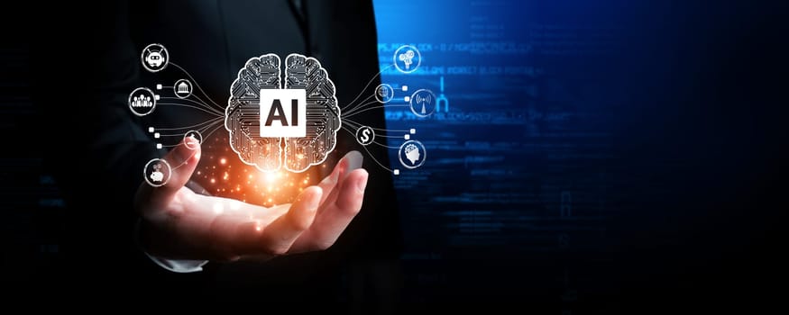 Human interact with AI artificial intelligence brain processor in concept of AI artificial intelligence engineering, big data and AI machine learning to use generative AI for business support. Faas