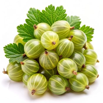 Bunch of green gooseberries isolated on white background. Ai generated image