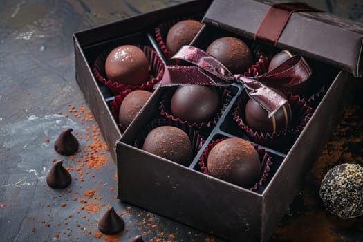 Elegant box filled with chocolate truffles, adorned with ribbons, placed on a table.