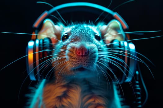 closeup a rat wearing HD headphones, ai generative.