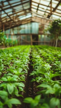 A verdant and thriving greenhouse garden bursting with an abundance of vibrant green foliage, creating a serene and tranquil natural oasis