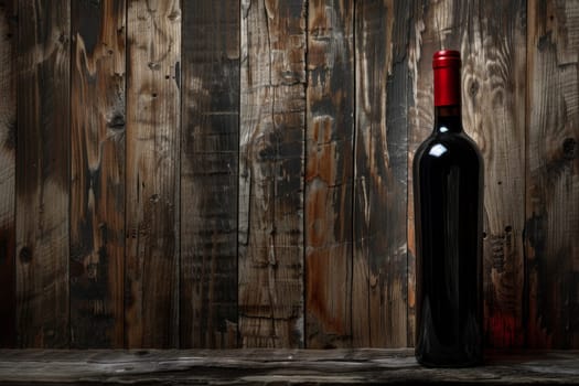 Red Wine Bottle with Rustic Oak Wooden Background. ai generative.