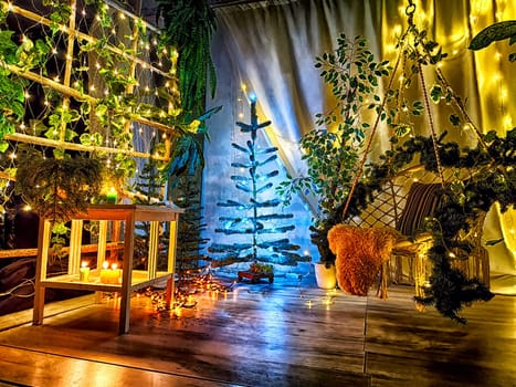 A room adorned with lush garlands and sparkling lights for holiday season. Festive Room Decorated With Christmas Garlands and Twinkling Lights