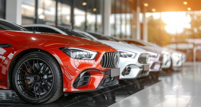 A row of sleek, high-performance luxury cars on display in a modern, well-lit showroom setting