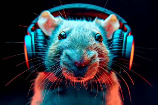 closeup a rat wearing HD headphones, ai generative.