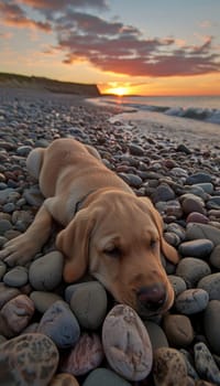 A golden retriever dog rests peacefully on a pebble-strewn beach, gazing out at the breathtaking sunset over the ocean
